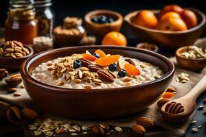 harina de avena con nueces y Fruta en un bol. generado por ai foto