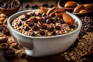 chocolate harina de avena con nueces y semillas en un bol. generado por ai foto