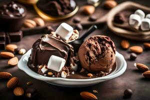 chocolate ice cream with marshmallows and almonds. AI-Generated photo