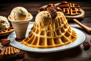 a waffle with ice cream and pecans. AI-Generated photo