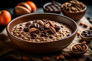 chocolate oatmeal in a bowl with nuts and nuts. AI-Generated photo