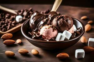 chocolate ice cream in a bowl with almonds. AI-Generated photo