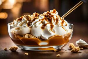 caramel ice cream with nuts and whipped cream on a wooden table. AI-Generated photo