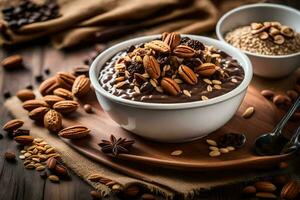 chocolate pudín con nueces y especias en un bol. generado por ai foto