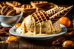 the waffle cone is a classic ice cream cone with a waffle cone on top. AI-Generated photo