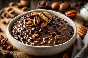 chocolate oats in a bowl with nuts and milk. AI-Generated photo