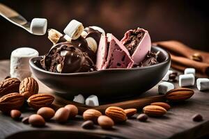 chocolate ice cream with marshmallows and nuts in a bowl. AI-Generated photo