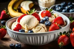 a bowl of ice cream with strawberries, blueberries and bananas. AI-Generated photo