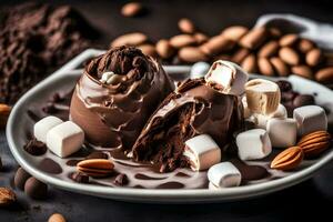 chocolate covered marshmallows and almonds on a plate. AI-Generated photo