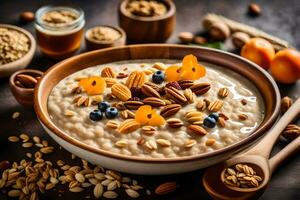 oatmeal with nuts and berries in a bowl. AI-Generated photo