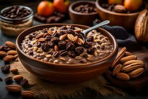 chocolate harina de avena con nueces y nueces. generado por ai foto