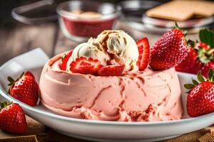 a bowl of ice cream with strawberries and a spoon. AI-Generated photo