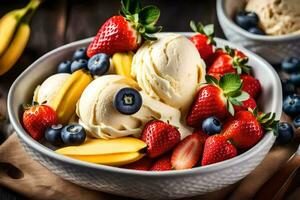 un cuenco de hielo crema con fresas, arándanos y plátanos generado por ai foto