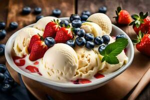 ice cream with berries and mint in a bowl. AI-Generated photo