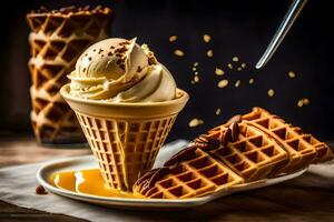 the waffle cone is filled with ice cream and nuts. AI-Generated photo