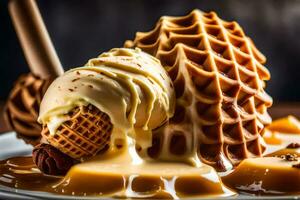 waffle with ice cream and caramel sauce on a plate. AI-Generated photo