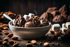 chocolate ice cream with almonds and marshmallows. AI-Generated photo