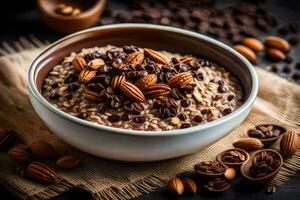 chocolate chip oatmeal in a bowl with nuts. AI-Generated photo