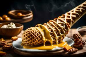 a waffle with caramel sauce and nuts on a plate. AI-Generated photo