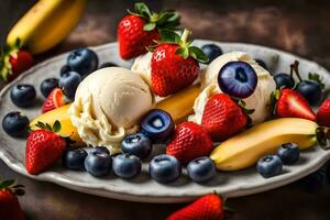 un plato con hielo crema, plátanos, arándanos y fresas generado por ai foto