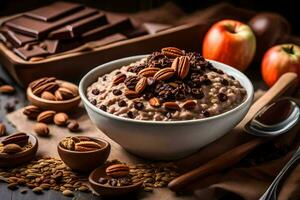 chocolate oatmeal with nuts and apples. AI-Generated photo