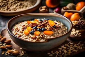 a bowl of oatmeal with nuts and fruits. AI-Generated photo