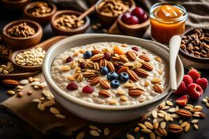 un cuenco de harina de avena con nueces y bayas. generado por ai foto