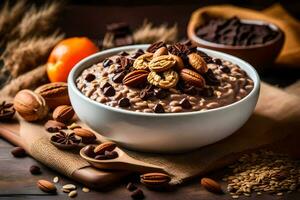 chocolate oatmeal with nuts and oranges. AI-Generated photo