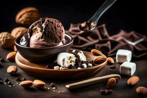 chocolate ice cream with marshmallows and nuts on a dark background. AI-Generated photo