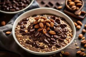 chocolate oatmeal with nuts and chocolate chips in a bowl. AI-Generated photo