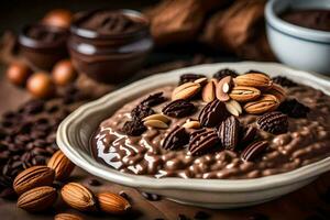 chocolate oats in a bowl with nuts and almonds. AI-Generated photo