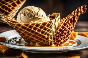 ice cream in a waffle cone on a plate. AI-Generated photo