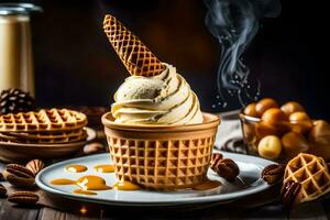 ice cream in a waffle cone with nuts and caramel. AI-Generated photo