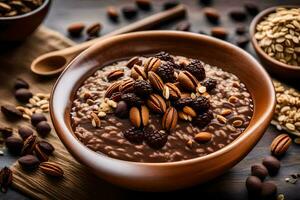 chocolate oatmeal in a bowl with nuts and berries. AI-Generated photo