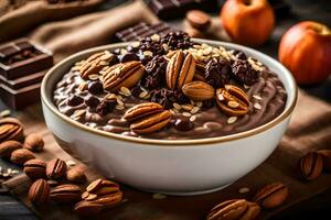 chocolate avena en un cuenco con nueces y manzanas generado por ai foto