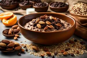 chocolate oatmeal with almonds and oranges. AI-Generated photo