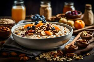 un cuenco de harina de avena con nueces y bayas. generado por ai foto