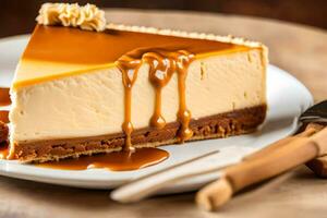 a piece of cheesecake with caramel sauce on top. AI-Generated photo