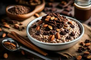 chocolate oatmeal in a bowl with nuts and chocolate chips. AI-Generated photo