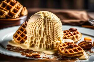 a waffle with ice cream and nuts on a plate. AI-Generated photo