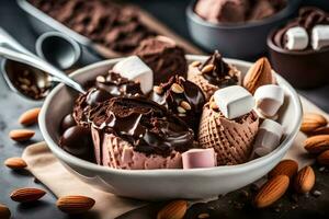 chocolate ice cream in a bowl with almonds. AI-Generated photo