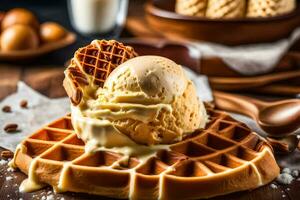 ice cream waffle with caramel sauce and nuts on a wooden table. AI-Generated photo