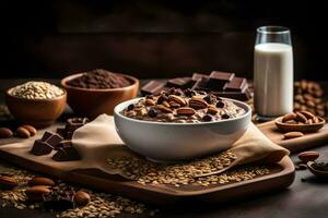 chocolate oatmeal with nuts and milk on a wooden table. AI-Generated photo