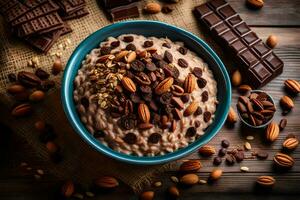 chocolate and nuts in a bowl of oatmeal. AI-Generated photo