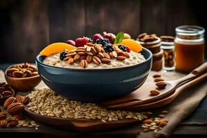 un cuenco de harina de avena con Fruta y nueces. generado por ai foto