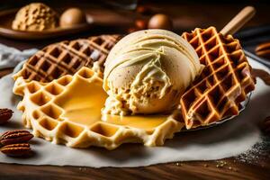 a waffle with ice cream and pecans. AI-Generated photo