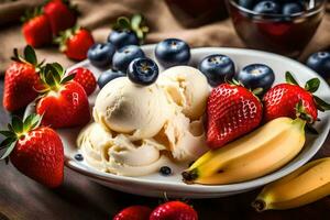 un cuenco de hielo crema, plátanos, fresas y arándanos generado por ai foto