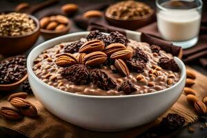 chocolate harina de avena con nueces y Almendras en un bol. generado por ai foto