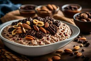 chocolate oatmeal with nuts and raisins in a bowl. AI-Generated photo