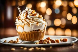 un postre con azotado crema y nueces en un de madera mesa. generado por ai foto